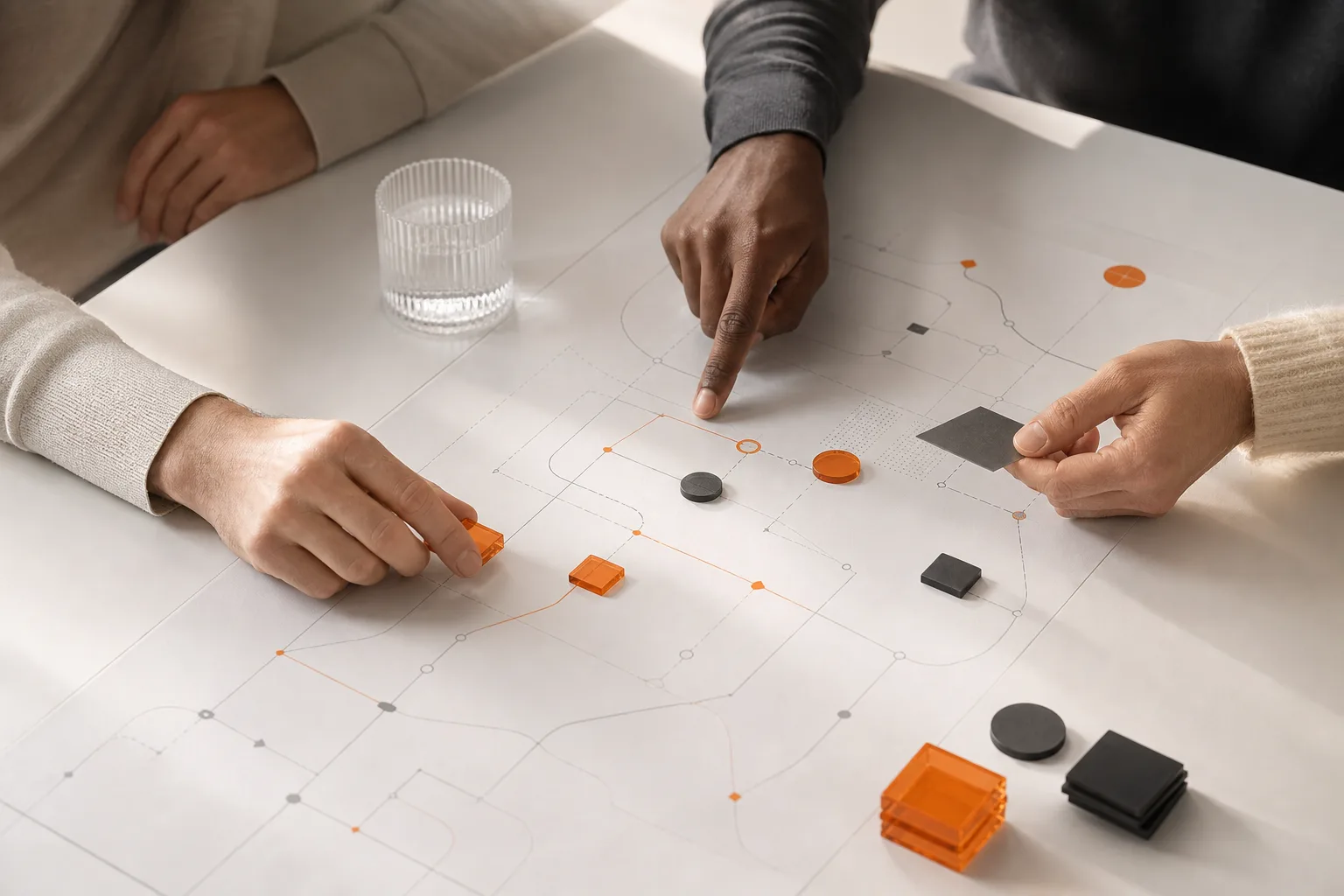 Three people making decisions over an operating map