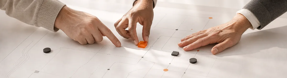Tres personas tomando una decisión sobre un mapa operativo