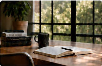 Open notebook and books by a window