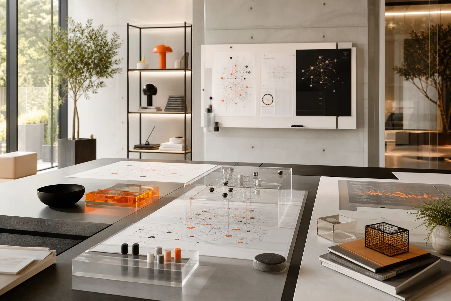 Espacio contemporáneo de decisión con sistemas visualizados en capas transparentes