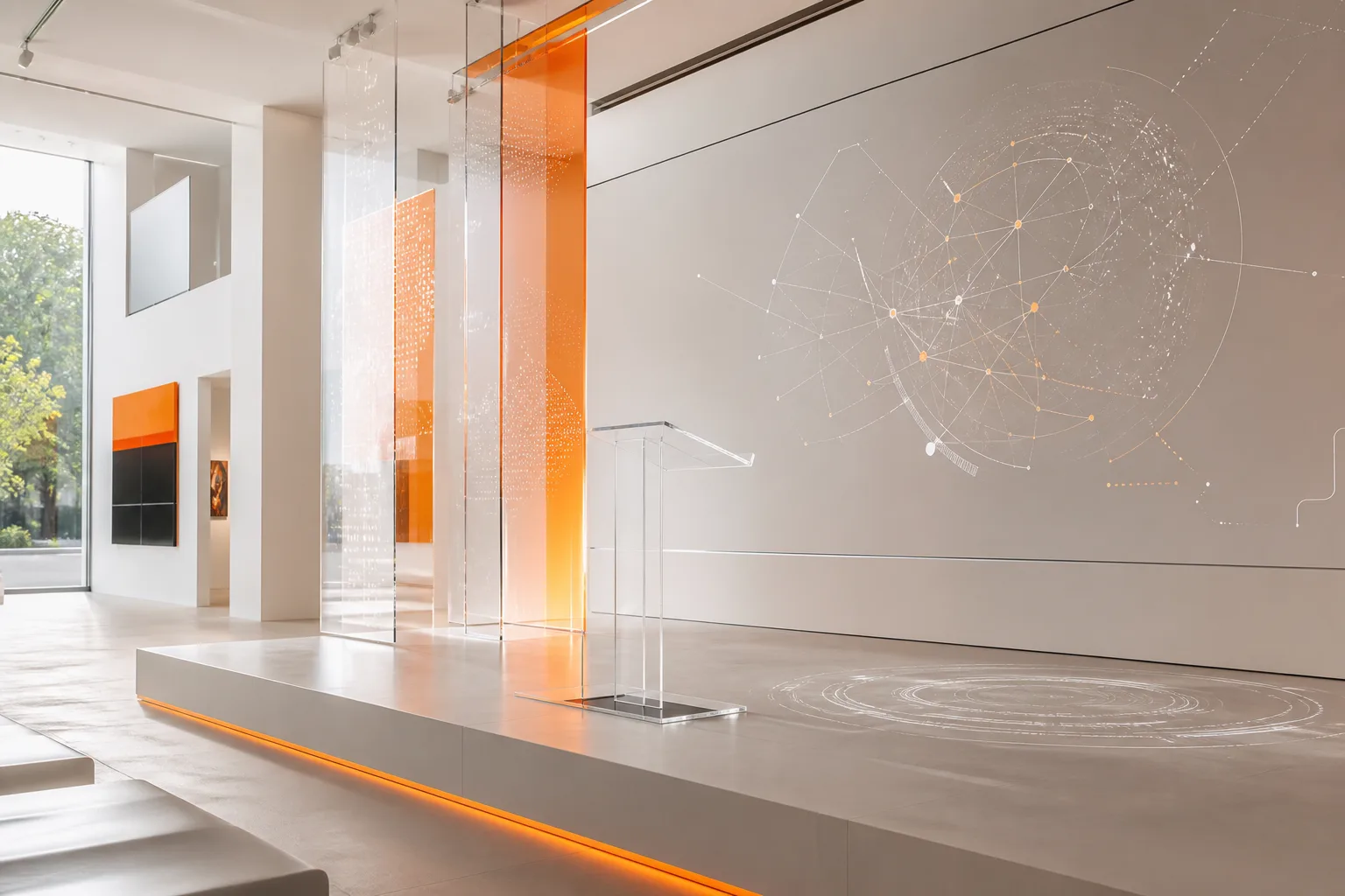 Escenario contemporáneo con capas transparentes y visualización de sistemas
