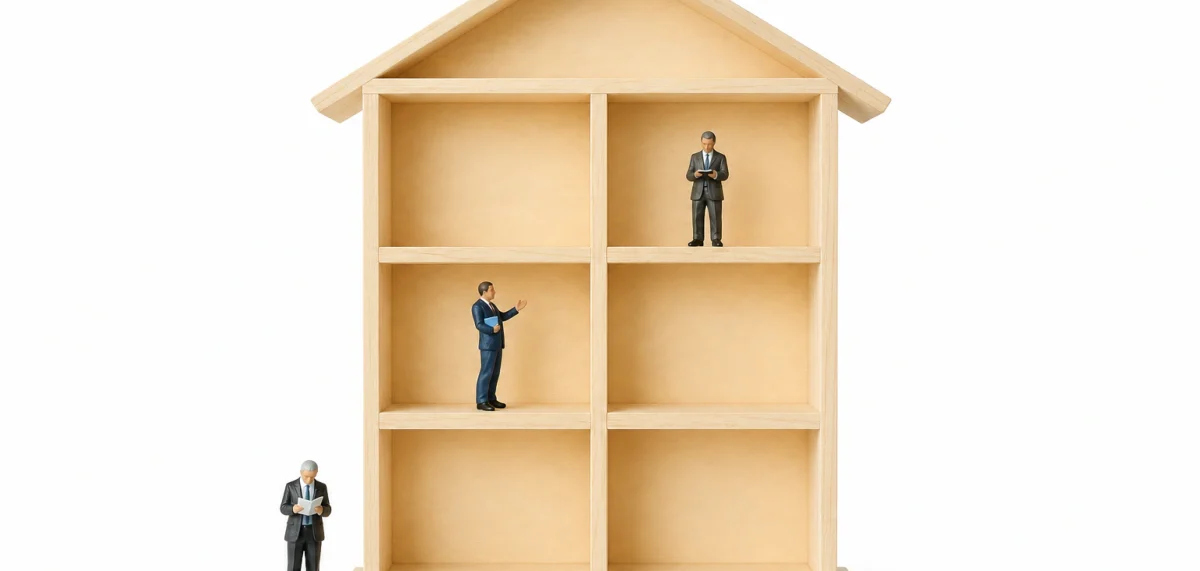 Casa de madera en miniatura con figuras en compartimentos