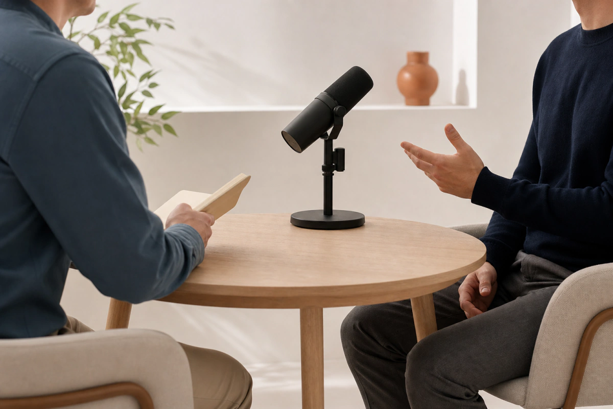 Entrevista en estudio con micrófono de radiodifusión