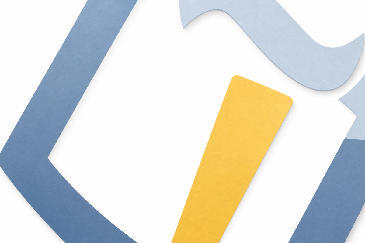 Icono abstracto azul con un acento amarillo sobre fondo blanco