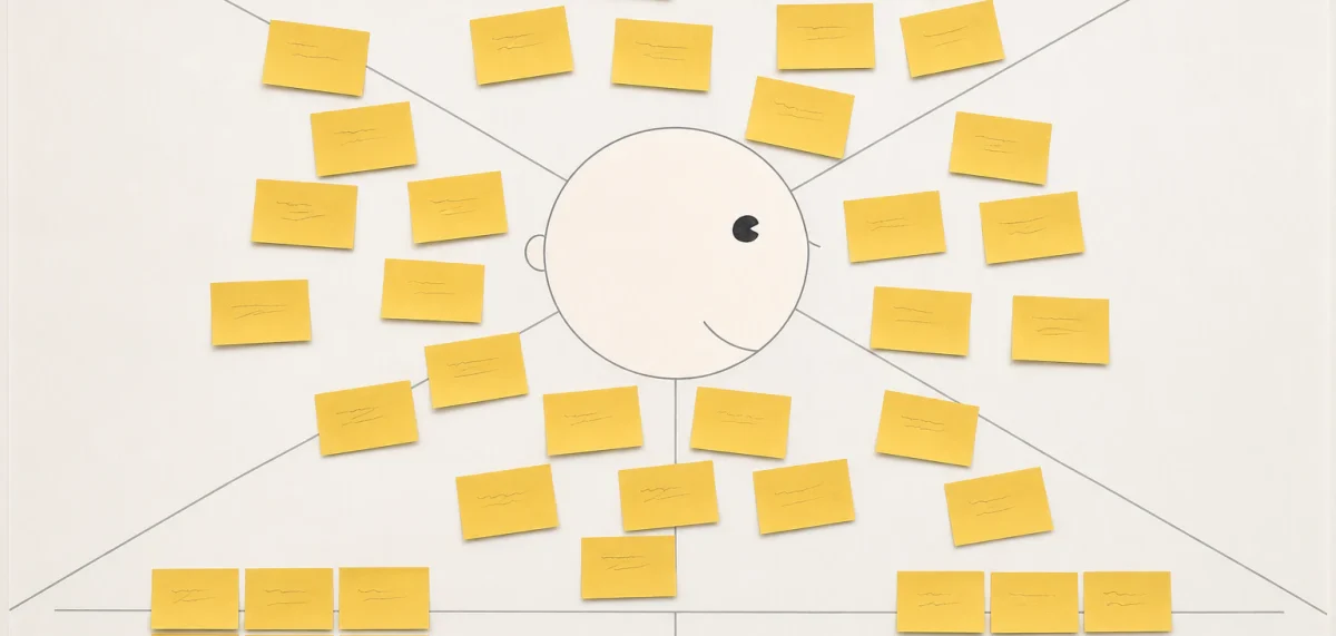 Mapa de empatía con post-its amarillos alrededor de una persona central