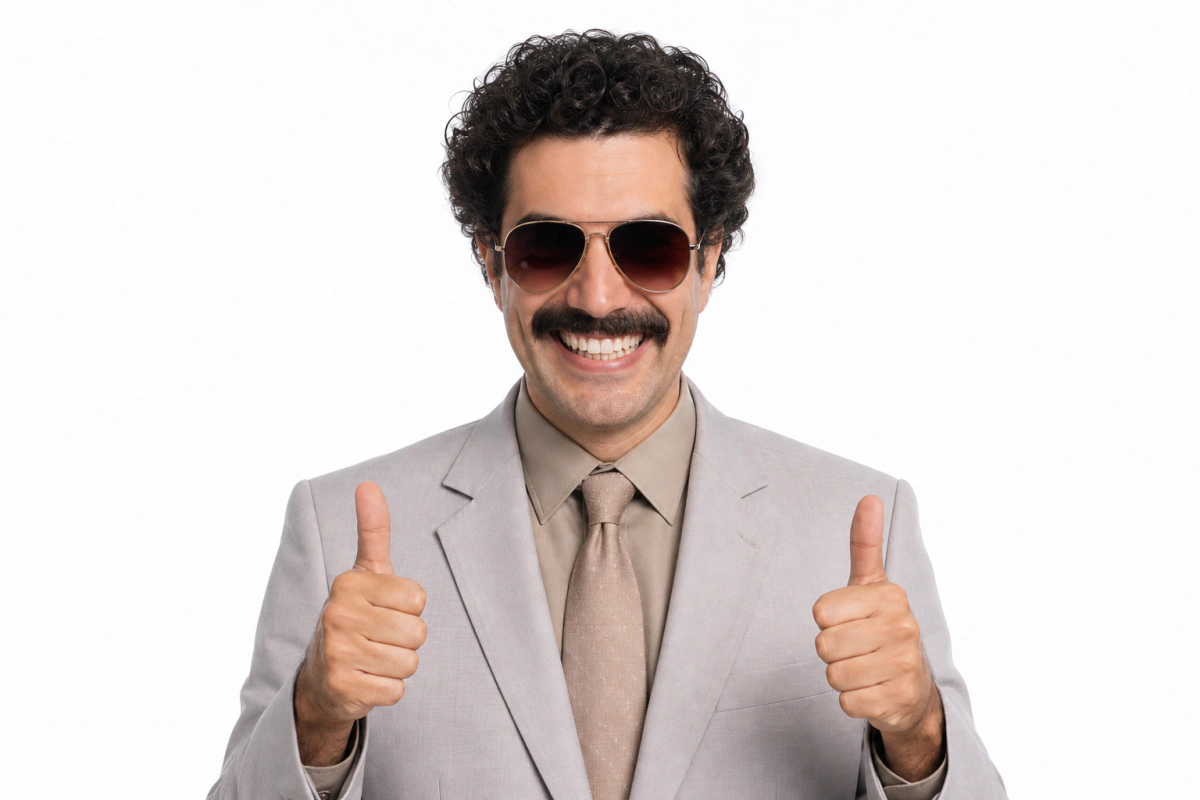 Hombre sonriente con bigote y gafas de sol haciendo doble pulgar arriba