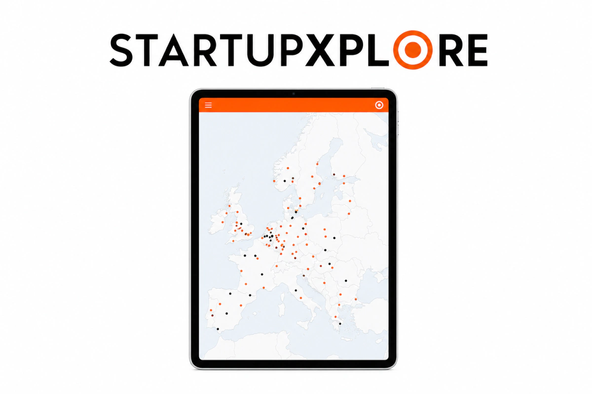 Logotipo de Startupxplore junto a una tableta con un mapa europeo de startups e inversores