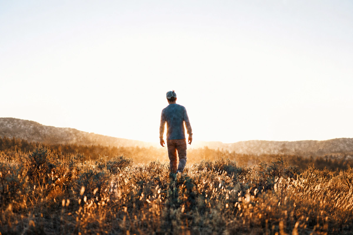 Persona de espaldas ante un paisaje al atardecer